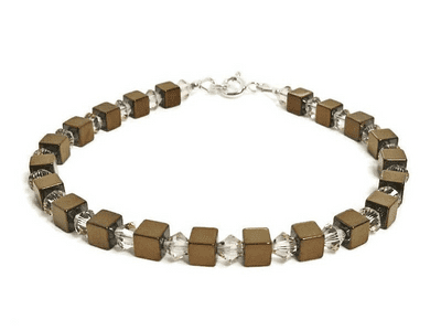 Bronzed Hematite Cube Beads Unisex Sterling Silver Bracelet With Peach Crystals