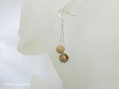 Brown & Beige Picture Jasper Double Chain Dangly Earrings