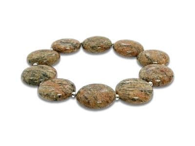 Brown Black Jasper Coin Beads Stretch Bracelet With Sterling Silver Beads