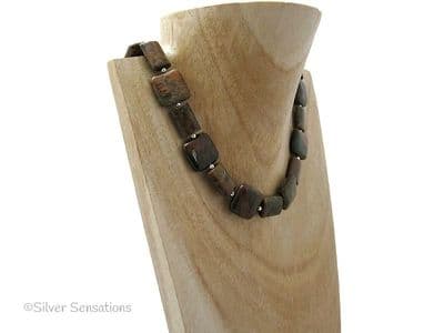 Brown & Green Rainbow Agate Oblongs & Squares Sterling Silver Necklace