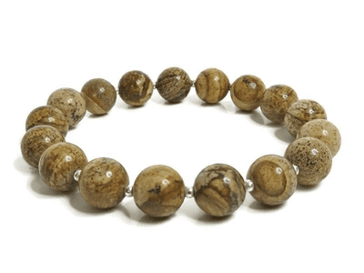 Brown Picture Jasper & Sterling Silver Unisex Beaded Bracelet