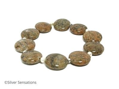 Brown Sesame Jasper Coin Beads Bracelet With Swarovski Pearls & Sterling Silver
