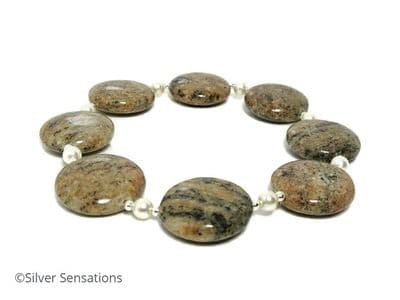 Brown Sesame Jasper Coins Bracelet With Premium Pearls & Sterling Silver