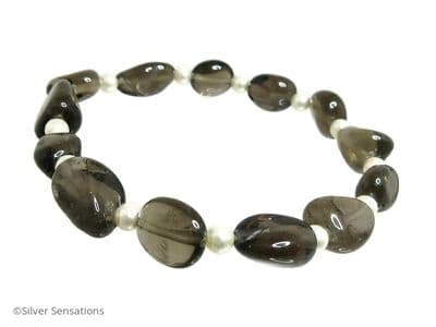 Brown Smokey Quartz Nuggets & Ivory Cream Austrian Pearls Bracelet