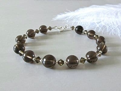 Brown Smokey Quartz & Swarovski Crystals Bracelet With Sterling Silver