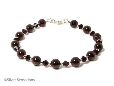 Burgundy Red Garnet, Austrian Crystals & Sterling Silver Designer Bracelet