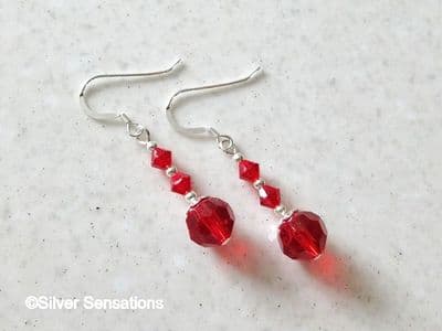 Cherry Red Crystals, Swarovski Crystals  & Sterling Silver Drop Earrings