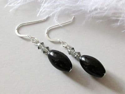 Chunky Black Onyx Rice Beads & Premium Crystals Sterling Silver Earrings