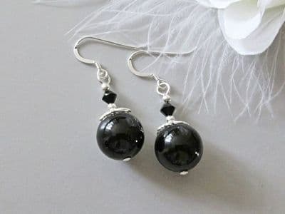Chunky Black Onyx & Sterling Silver Earrings With Crystals