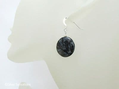 Chunky Dark Grey Silvery Labradorite Coin & Sterling Silver Earrings