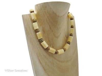 Chunky Golden Honey Yellow Jade Tubes & Brown Gold Lace Agate Sterling Silver Necklace