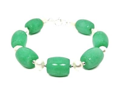 Chunky Green Aventurine, Freshwater Pearls & Sterling Silver Bracelet