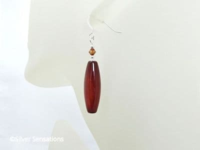 Chunky Orange Red Agate Long Earrings With Swarovski Crystals & Sterling Silver