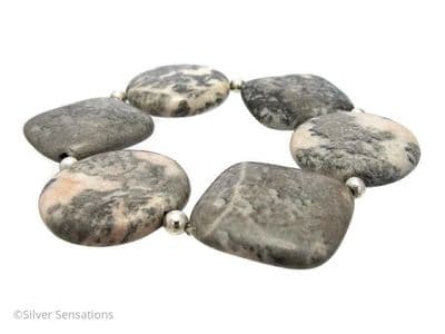 Chunky Pink & Grey Flamingo Jasper 'Diamonds', Coins & Sterling Silver Cuff Bracelet