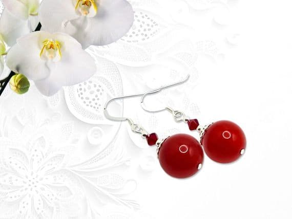 Chunky Red Jade & Sterling Silver Dangly Earrings With Premium Crystals | Semi Precious Gemstones | Silver Sensations Jewellery