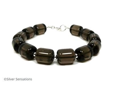 Chunky Smokey Quartz & Sterling Silver Unisex Beaded Bracelet