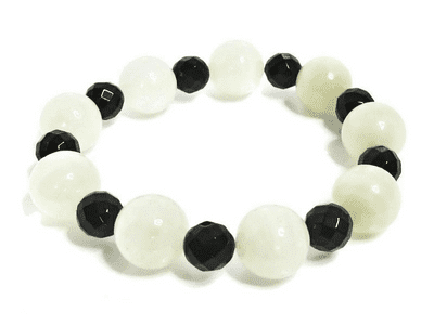 Chunky White/Clear Bowenite Jade & Faceted Black Onyx Bead Bracelet