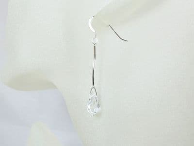 Clear Crystal Teardrop Earrings With Solid Sterling Silver Curved Bars