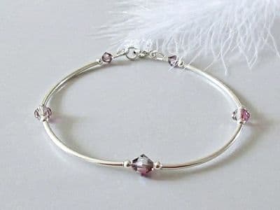 Clear, Pink & Purple Blended Crystals & Sterling Silver Bangle Bracelet
