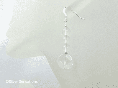 Clear Rock Crystal Faceted Coin Sterling Silver Earrings