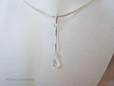 Clear Swarovski Crystal Teardrop & Sterling Silver Curved Bar Pendant