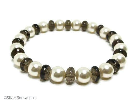 Cream Austrian made Pearls & Smokey Quartz Bracelet | Silver Sensations