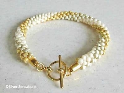Cream & Gold Stripe Kumihimo Seed Bead Fashion Bracelet