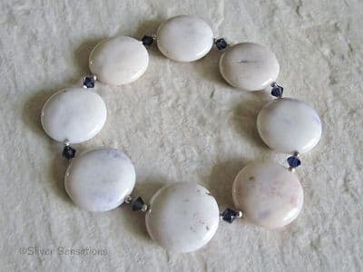 Cream Lilac Purple Lepidolite Jasper Coins, Austrian Made Crystals & Sterling Silver Bracelet