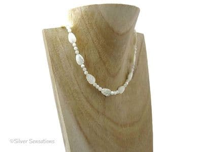 Cream Mother Of Pearl Carved Leaves Sterling Silver Necklace