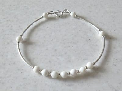 Creamy White Beads & Sterling Silver Bangle Bracelet