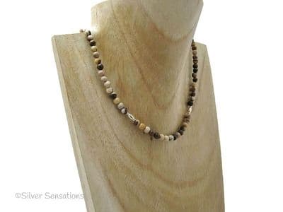 Dainty Brown & Cream Zebra Jasper & Sterling Silver Necklace