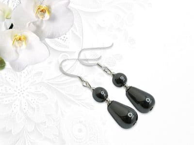 Dainty Hematite Round Tear Drop & Sterling Silver Dangly Earrings