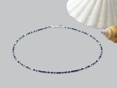 Dainty Navy Blue & Silver Seed Bead Boho Necklace