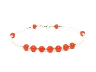 Dainty Orange Beads & Sterling Silver Bangle Bracelet