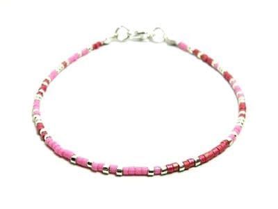 Dainty Pink, Red & Silver Seed Bead Holiday Anklet