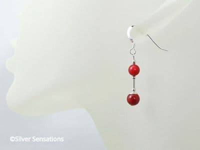 Dainty Red Coral Beaded Earrings With Sterling Silver Tubes