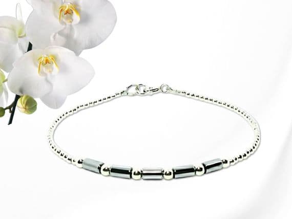 Dainty Silver Hematite Tube Beads Bracelet With Sterling Silver | Silver Sensations