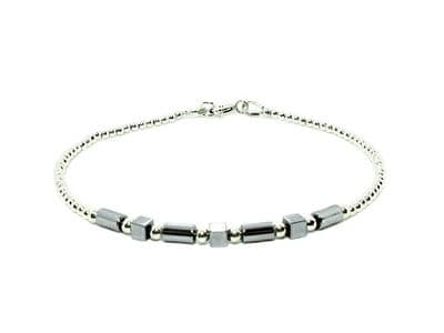 Dainty Silver Hematite Tubes & Cubes Bracelet With Sterling Silver Beads