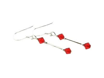 Dainty Sterling Silver Tube Earrings With Premium Red Crystals