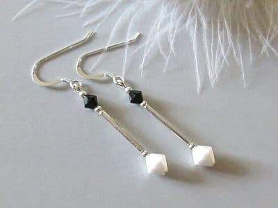 Dainty White & Black Crystal Earrings With Sterling Silver Tubes