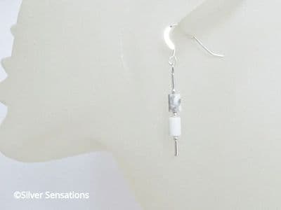 Dainty White & Pastel Grey Howlite Earrings With Sterling Silver Tubes