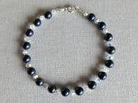 Dark Blue Austrian Pearls, AB Rainbow Crystals &  Sterling Silver Bracelet | Silver Sensations