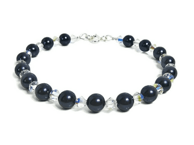 Dark Blue Premium Pearls, AB Rainbow Crystals &  Sterling Silver Bracelet