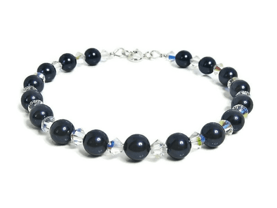Dark Blue Austrian Pearls, AB Rainbow Crystals &  Sterling Silver Bracelet | Silver Sensations