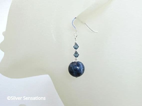Dark Blue Sodalite & Austrian Crystals Earrings With Sterling Silver | Silver Sensations