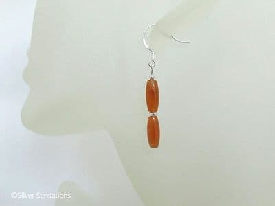 Dark Orange Red Aventurine Rice Beads & Sterling Silver Earrings