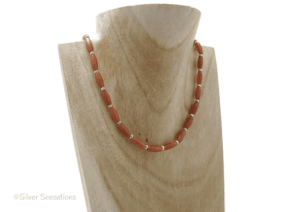 Dark Orange Red Aventurine Rice Beads & Sterling Silver Necklace