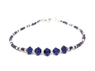 Dark Purple & White Dainty Seed Bead Bracelet With Crystals