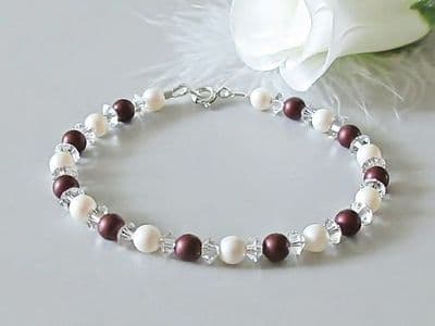 Dark Purple & White Pearls Bracelet With Sparkly Crystals