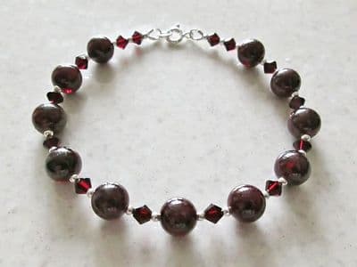 Dark Red Garnet & Sterling Silver Designer Bracelet With Austrian Crystals